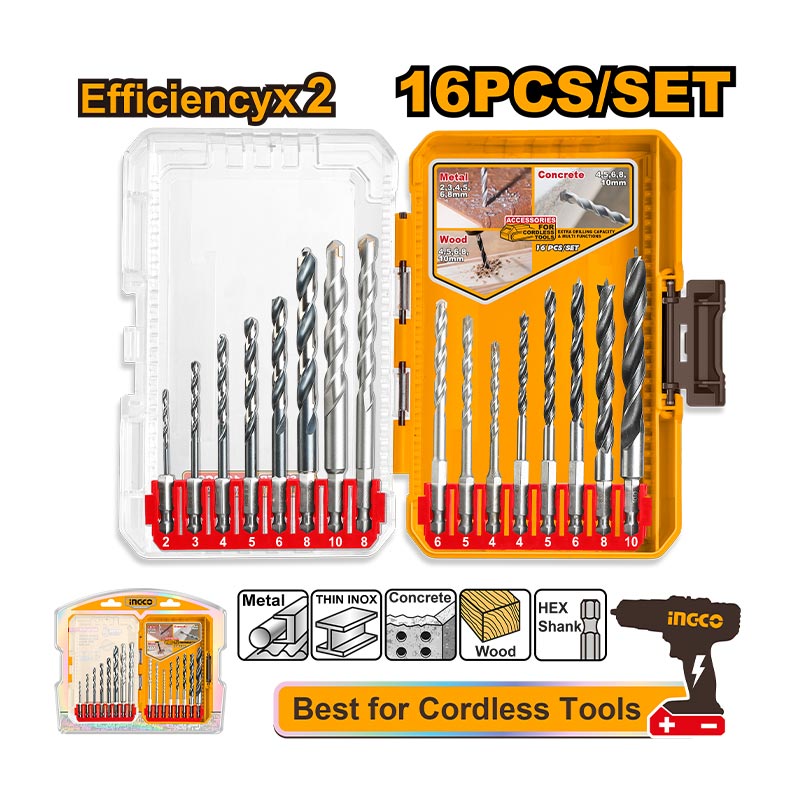 INGCO 16 PCs Metal, Masonry and Wood Drill Bits Set - AKDL11608