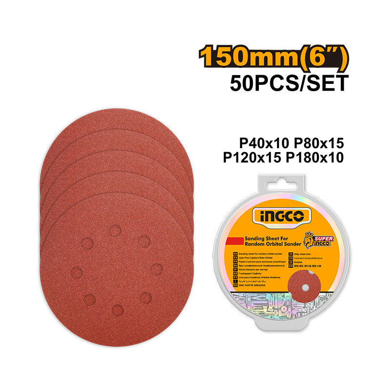 INGCO 150MM (6"), 50 PCs Sanding Sheet for Random Orbital Sander - AKRS1500511