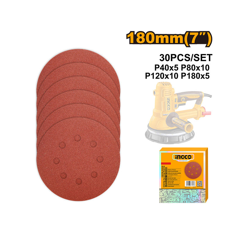 INGCO 180MM (7"), 30 PCs Sanding Sheet for Random Orbital Sander - AKRS180030