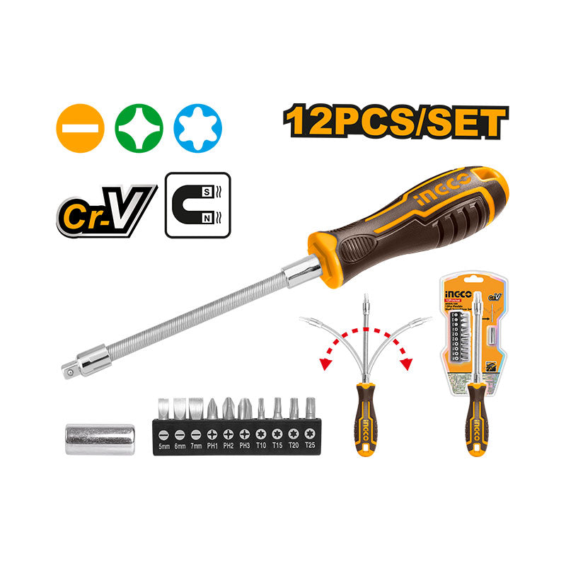 INGCO 12 PCs Flexible Shaft Screwdriver Set - AKSDFL1208