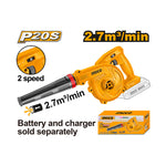 INGCO 2.7 m³/min, 2 Speed Adjustment, Variable Speed Trigger Cordless Blower + 1, 2.0Ah Battery - CABLI200181