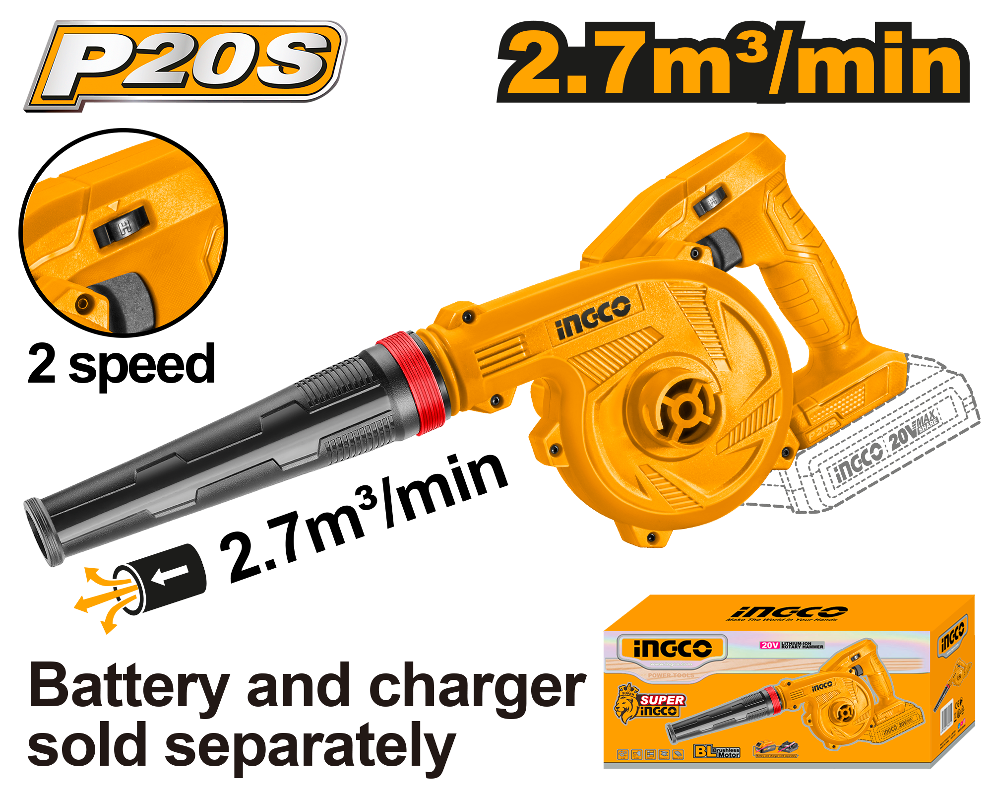 INGCO 2.7 m³/min Cordless Blower - CABLI20018