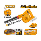 INGCO 2.7 m³/min, 2 Speed Adjustment, Variable Speed Trigger Cordless Blower + 1, 2.0Ah Battery - CABLI200181