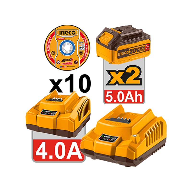 INGCO 1200W Cordless Angle Grinder + 2 PCs, 5.0Ah Battery Pack + 1 PC Charger - CAGLI2211532