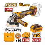 INGCO 1200W Cordless Angle Grinder + 2 PCs, 5.0Ah Battery Pack + 1 PC Charger - CAGLI2211532