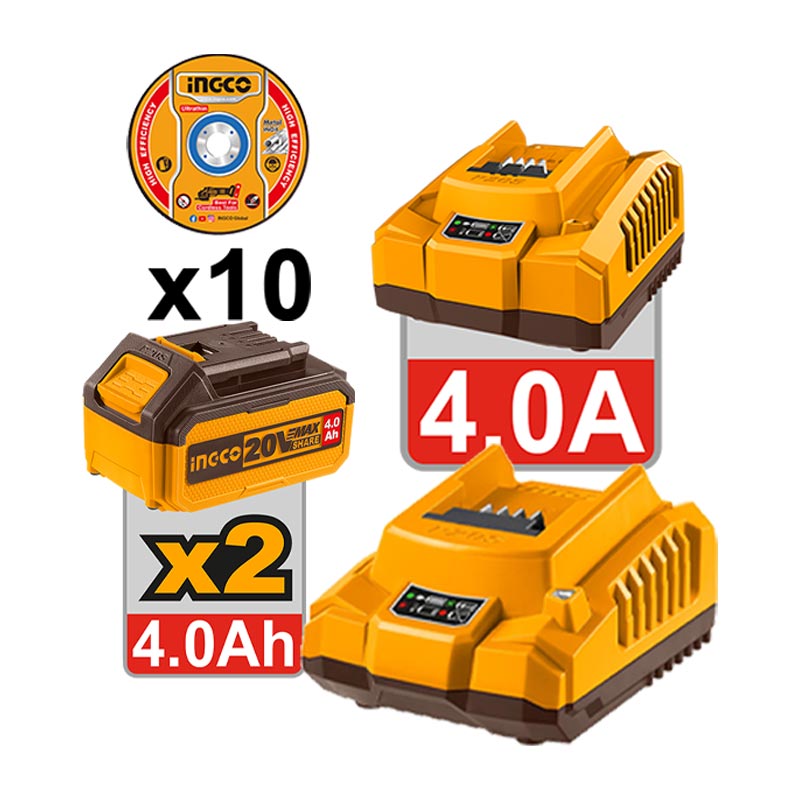 INGCO 1000W Cordless Angle Grinder + 2 PCs, 4.0Ah Battery Pack + 1 PC Charger - CAGLI271532