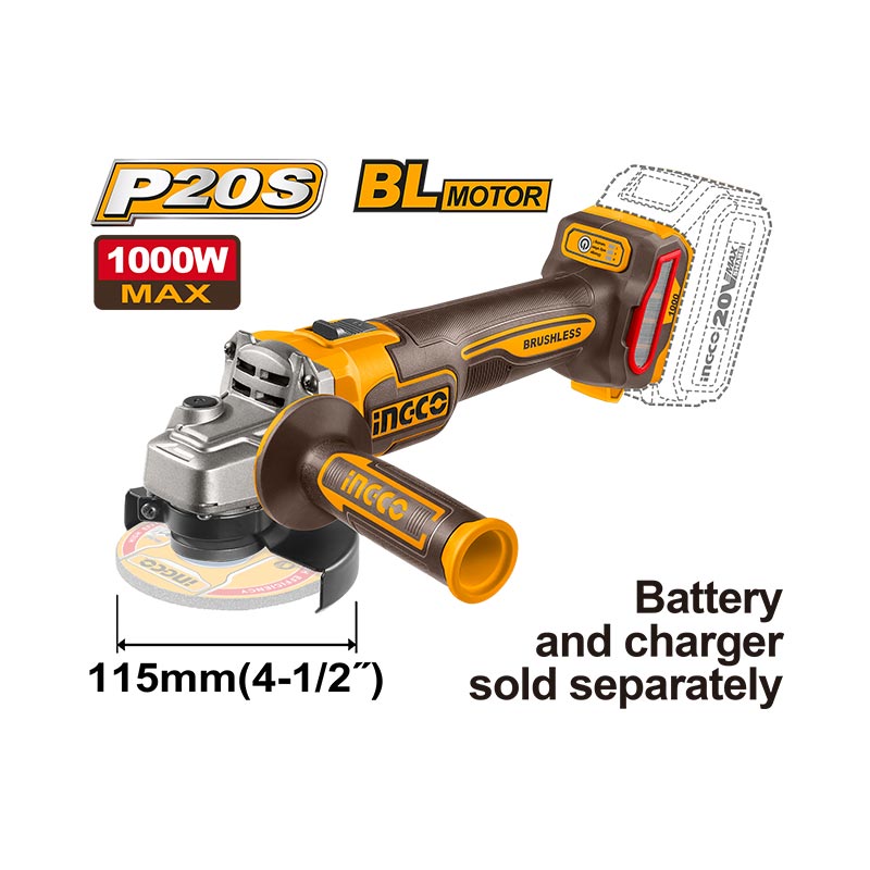 INGCO 1000W Cordless Angle Grinder + 2 PCs, 4.0Ah Battery Pack + 1 PC Charger - CAGLI271532