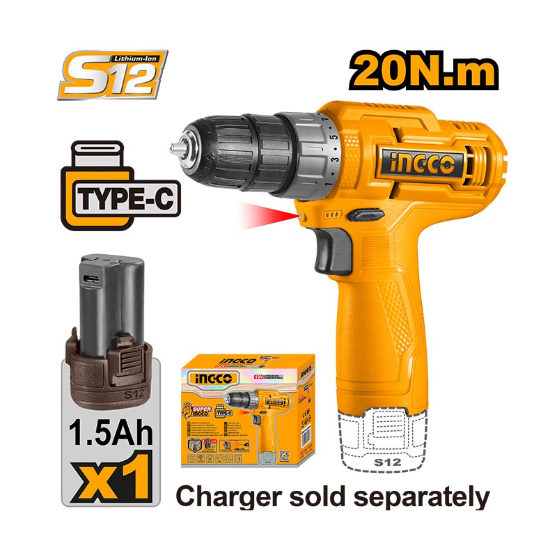 INGCO Cordless Drill 12V Type-C + Battery - P1C10 - CDLI12428