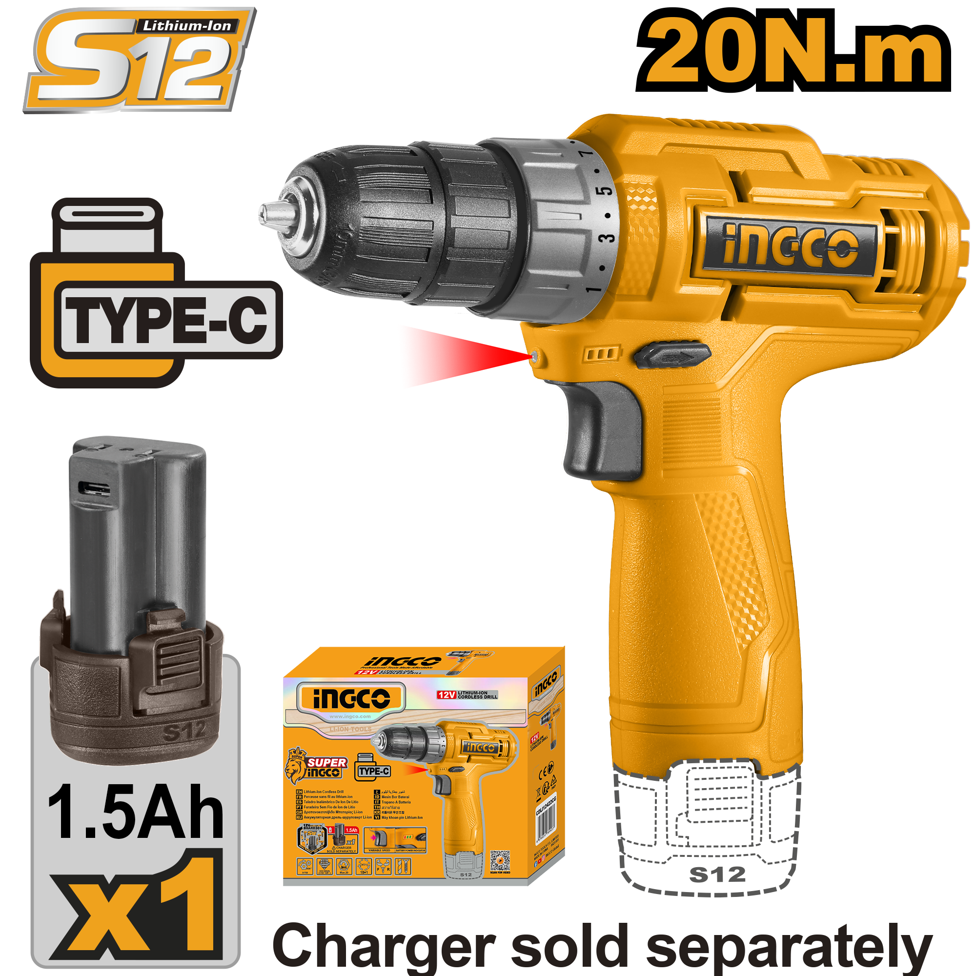 INGCO Cordless Drill 12V Type-C + Battery - P1C10 - CDLI12428 Main image