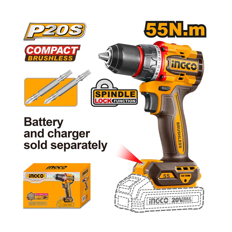 INGCO 55N.m Compact Brushless Cordless Drill - CDLI205581