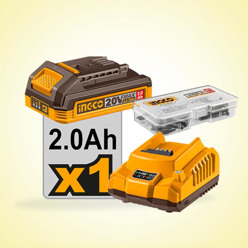 INGCO 55Nm Compact Brushless Cordless Drill + 1 Pc 20A Battery Pack