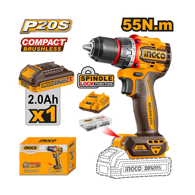 INGCO 55N.m Compact Brushless Cordless Drill + 1 Pc 20A Battery Pack - CDLI205582