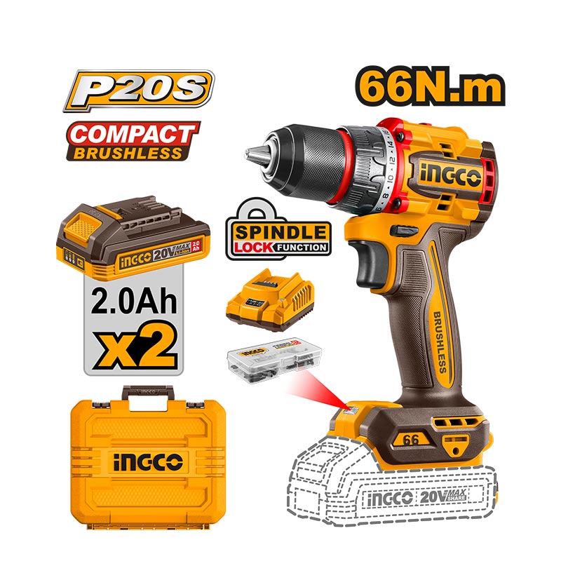 INGCO 66N.m Compact Brushless Cordless Drill + 2 PCs 20A Batteries - CDLI20668