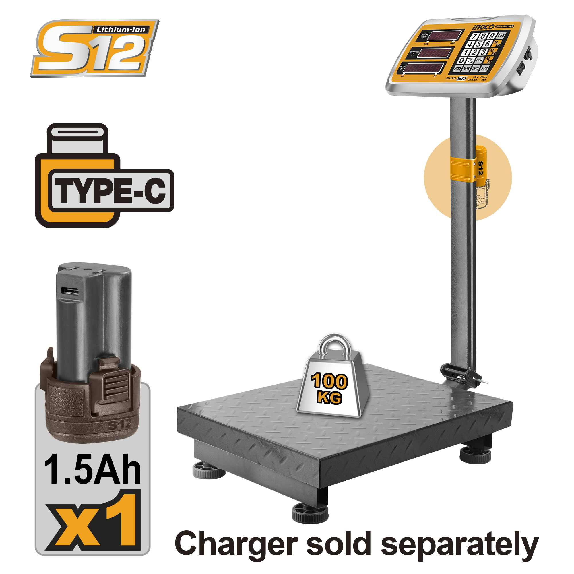 INGCO Lithium-Ion Scale USB-C 12V 100Kg - CES1302