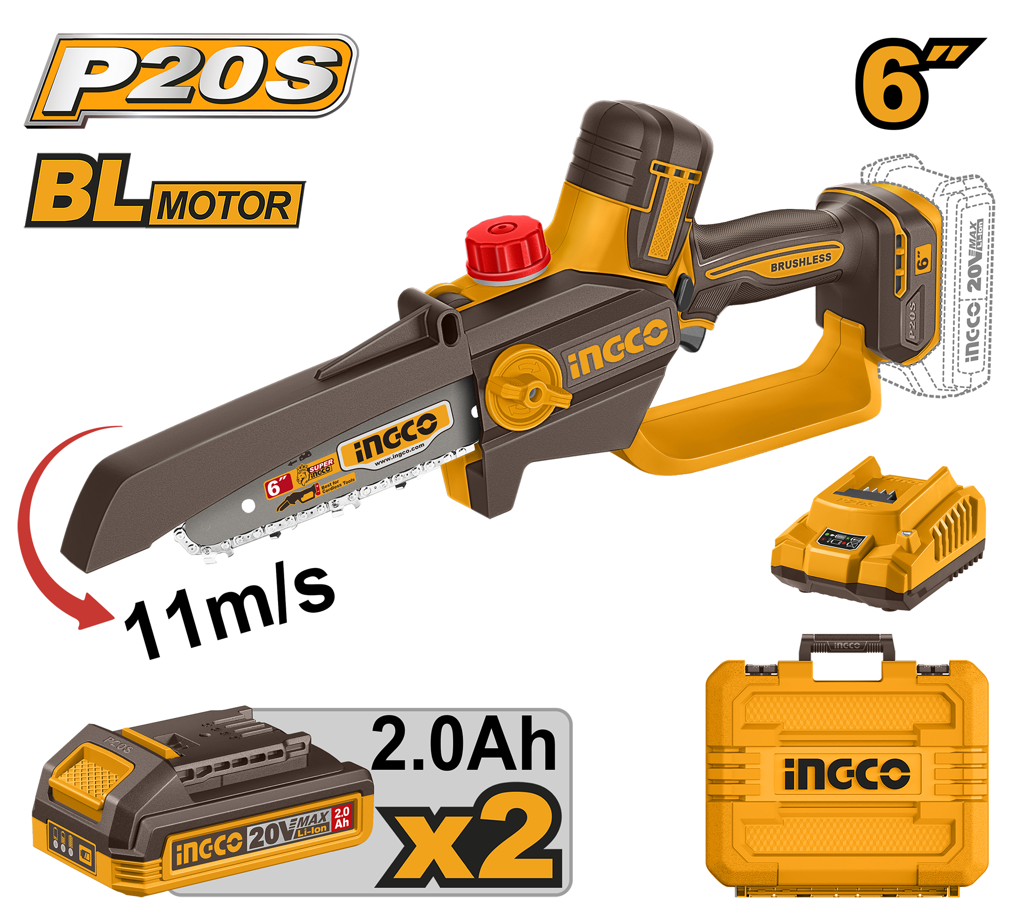 INGCO 6" Cordless Pruner Saw + 2, 2.0Ah Batteries - CGSLI20662 Main image