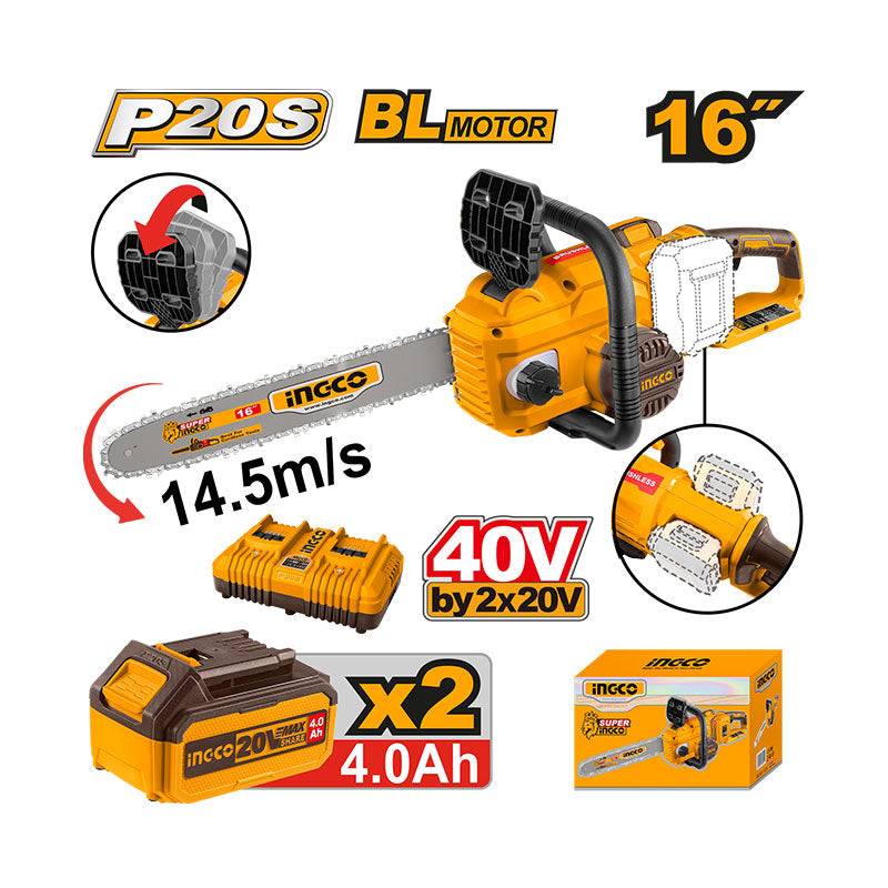 INGCO 16" Cordless Chain Saw + 2, 4.0Ah Batteries - CGSLI401682