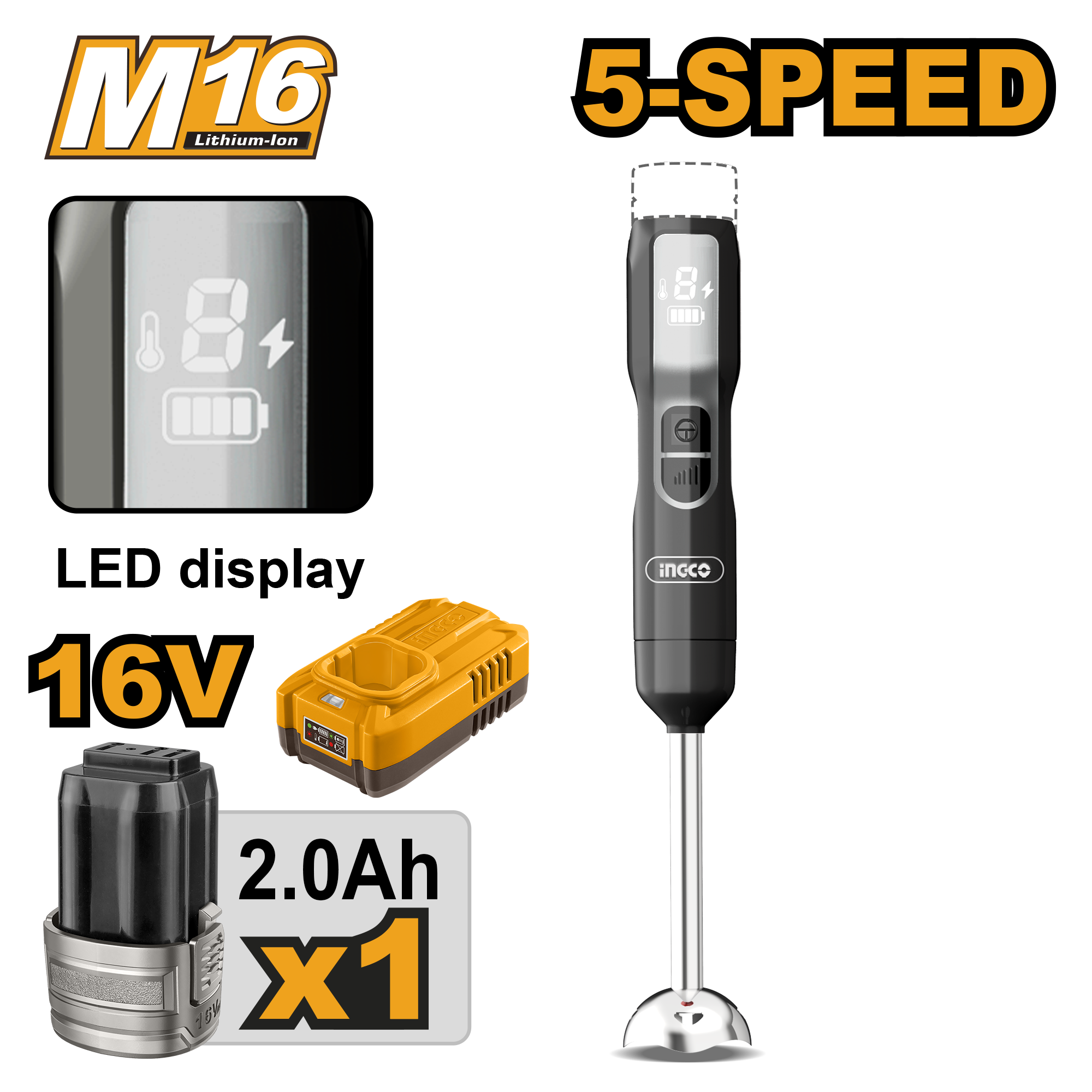 INGCO 16V, 5-Speed Cordless Hand Blender - CHB048K
