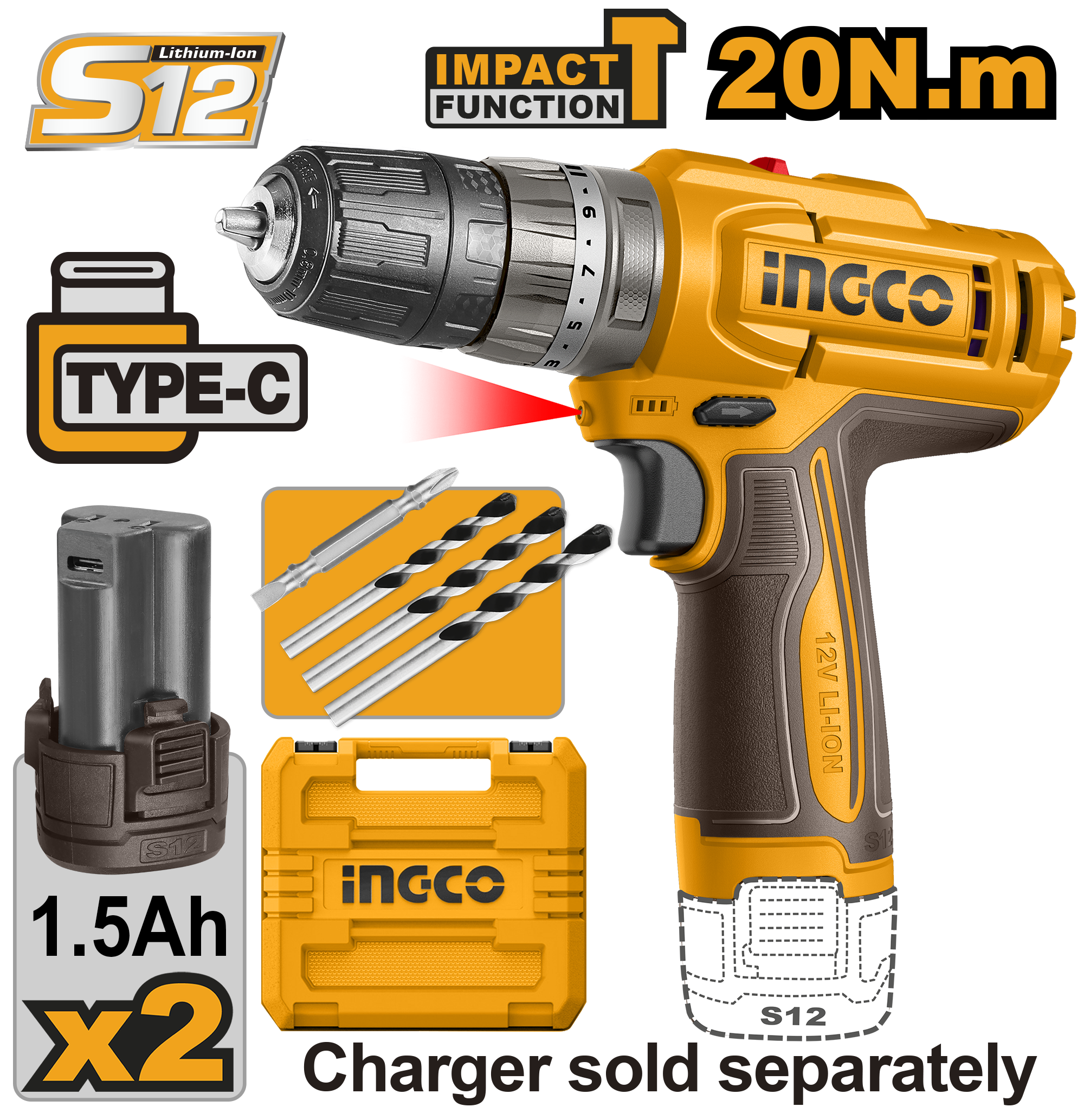 INGCO 20N.M Cordless Impact Drill - CIDLI12206