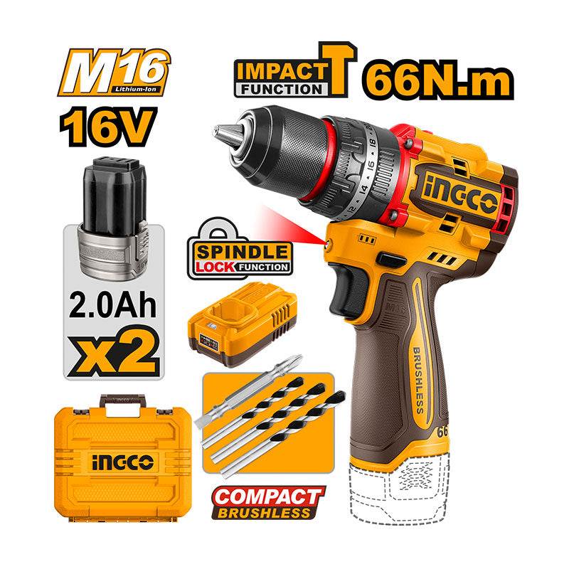 INGCO 66N.m Compact Brushless Cordless Impact Drill - CIDLI166062