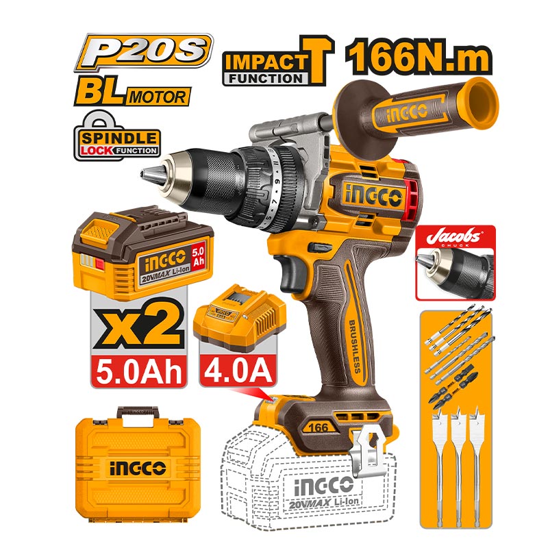 INGCO 166N.m Brushless Cordless Impact Drill - CIDLI201668