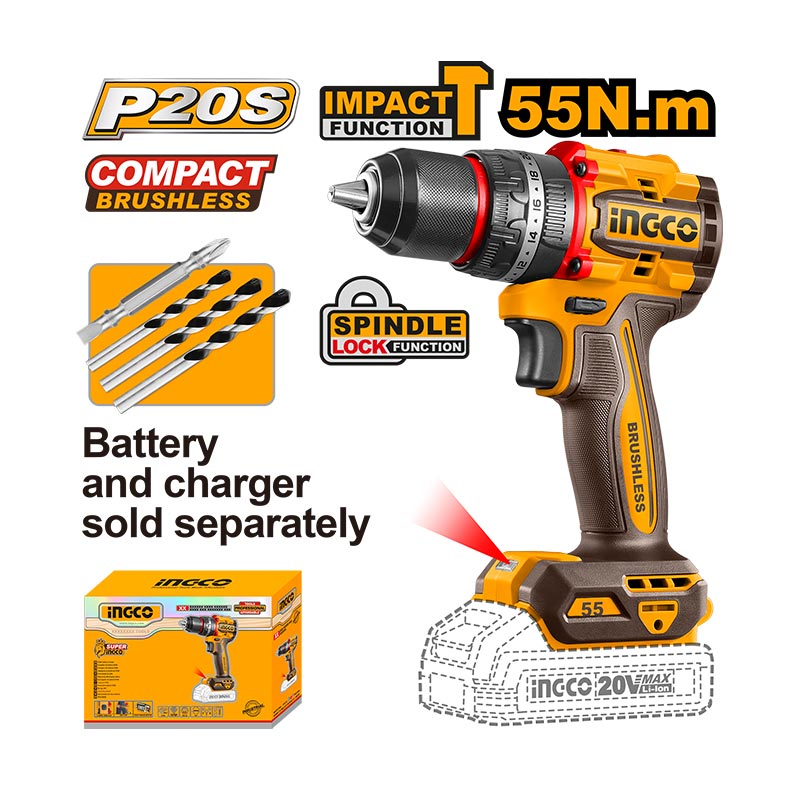 INGCO 55N.m Compact Brushless Cordless Impact Drill - CIDLI205581