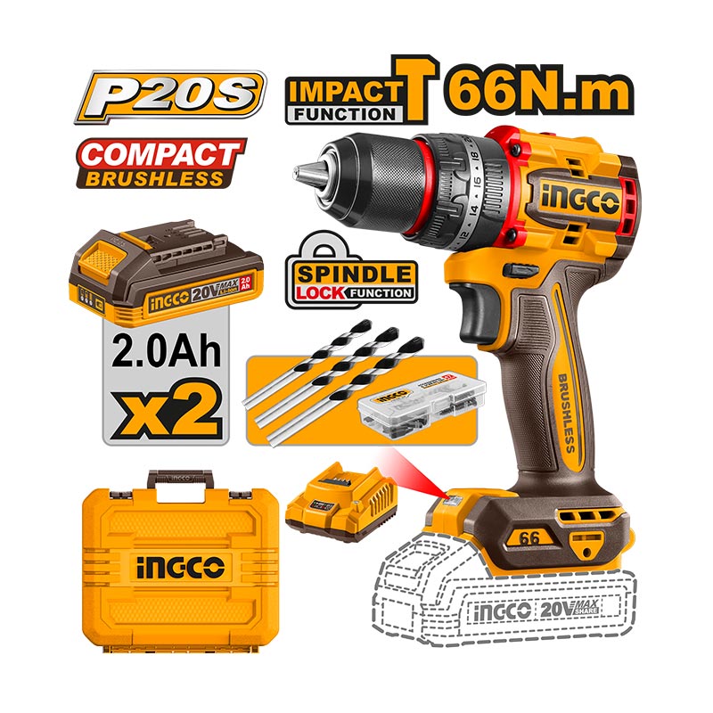INGCO Compact Brushless Cordless Impact Drill + LED Battery Power Indicator - CIDLI20668