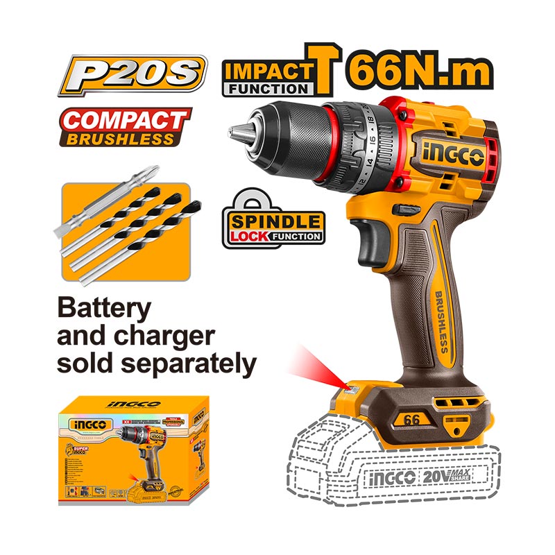 INGCO 66N.m Compact Brushless Cordless Impact Drill - CIDLI206681