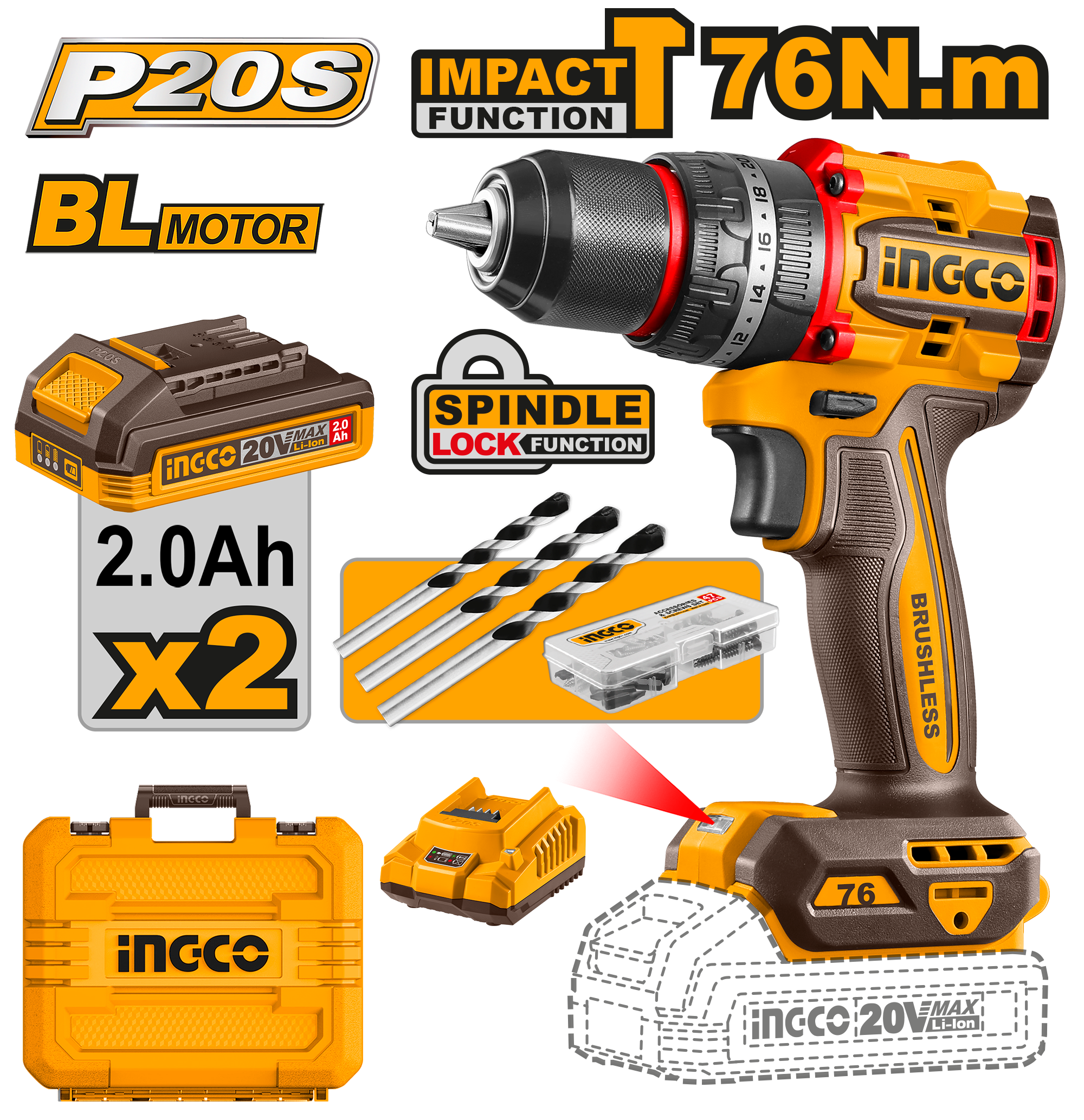 INGCO Compact Brushless Cordless Impact Drill - CIDLI20768 Main image