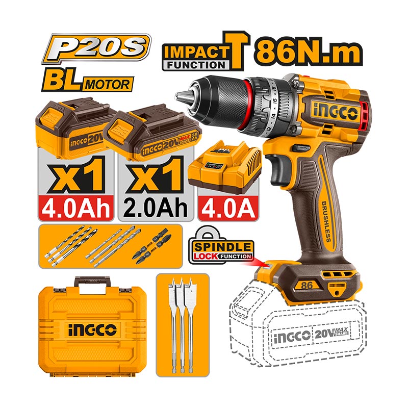 INGCO 86N.m Brushless Cordless Impact Drill - CIDLI20868