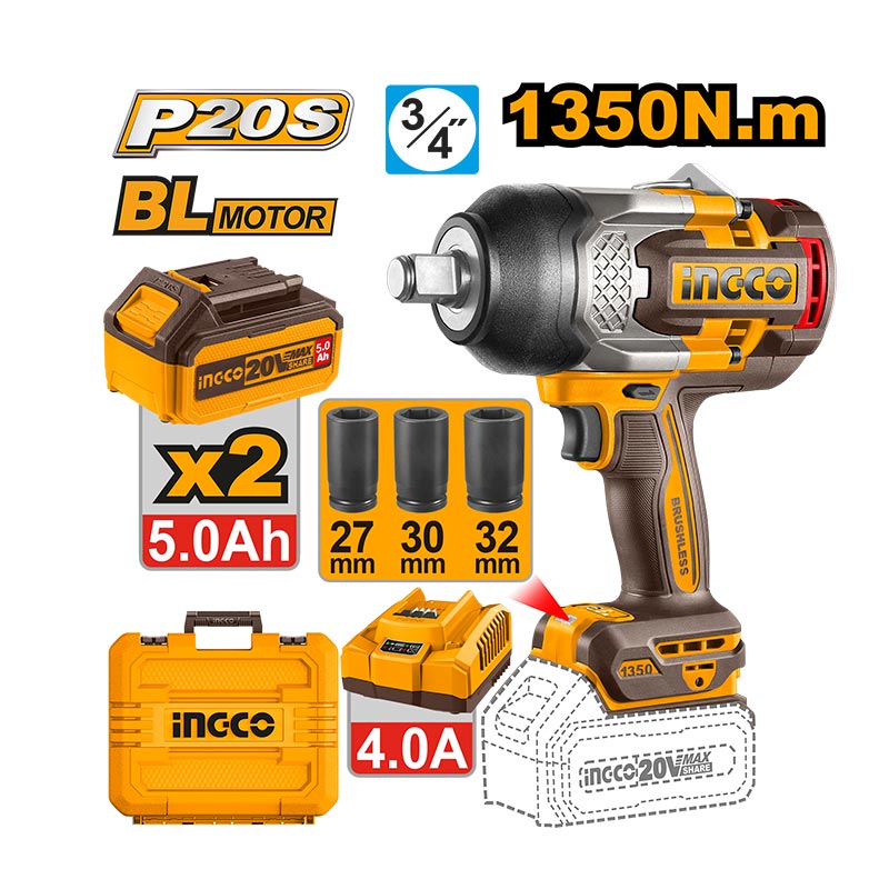 INGCO 1350N.m Cordless Impact Wrench + 2, 5.0Ah Batteries - CIWLI20135