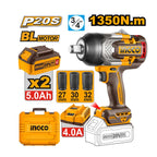 INGCO 1350N.m Cordless Impact Wrench + 2, 5.0Ah Batteries - CIWLI20135
