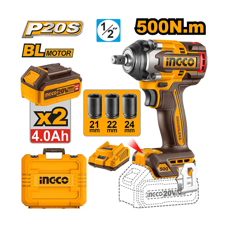 INGCO 500N.m Cordless Impact Wrench + 2, 4.0Ah Batteries - CIWLI2050