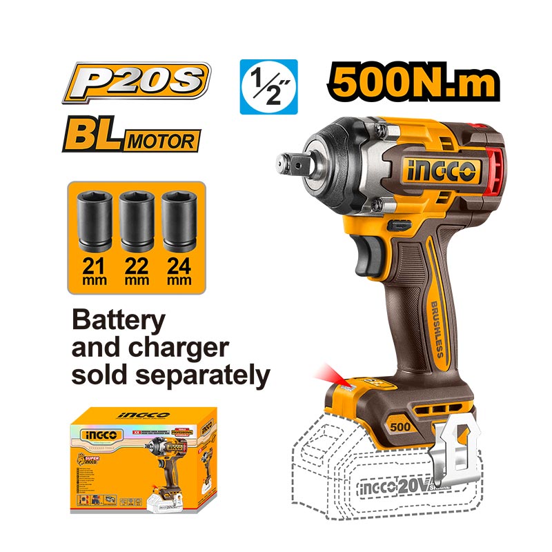INGCO 500N.m Cordless Impact Wrench - CIWLI20501