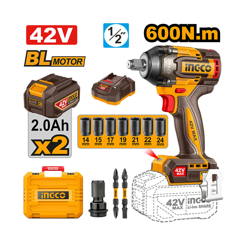INGCO 600N.m Cordless Impact Wrench - CIWLI42602