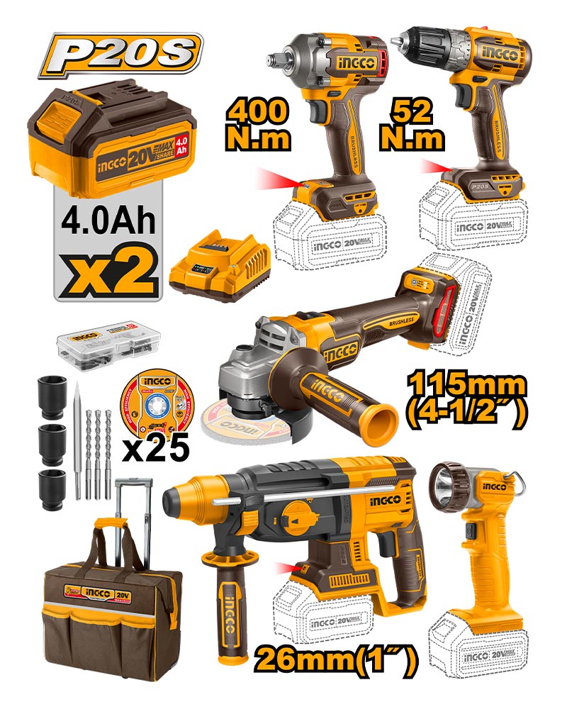 INGCO 5 Pcs Cordless Industrial Combo Kit 20V + 2 Battery - P1C1 - CKLI2058
