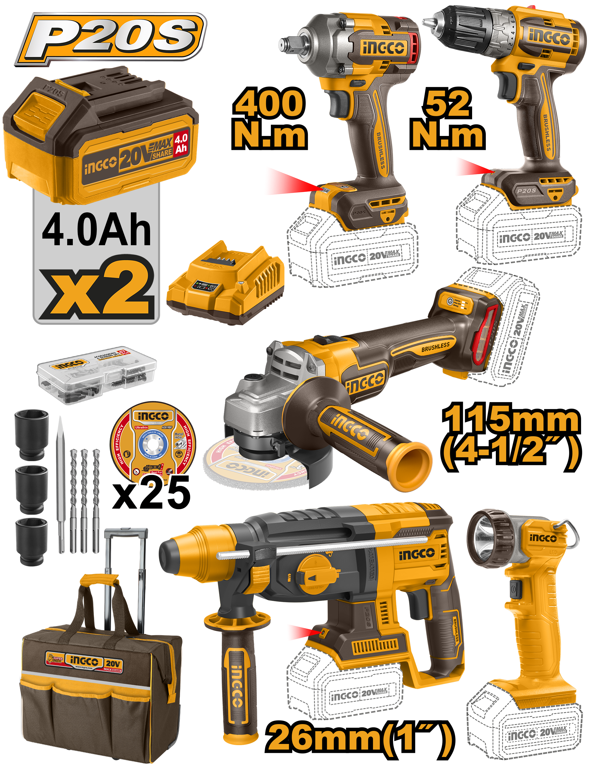INGCO 5 Pcs Cordless Industrial Combo Kit 20V + 2 Battery - P1C1 - CKLI2058