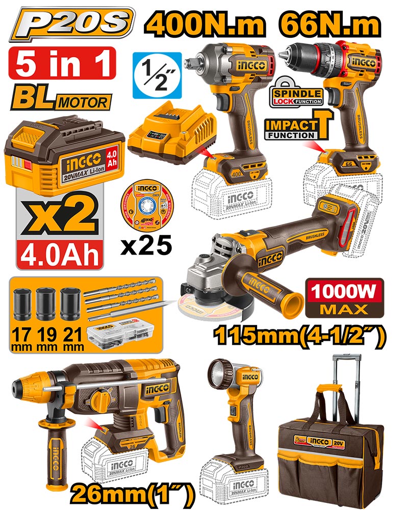 INGCO 5 PCs Cordless Industrial Combo Kit - CKLI2059