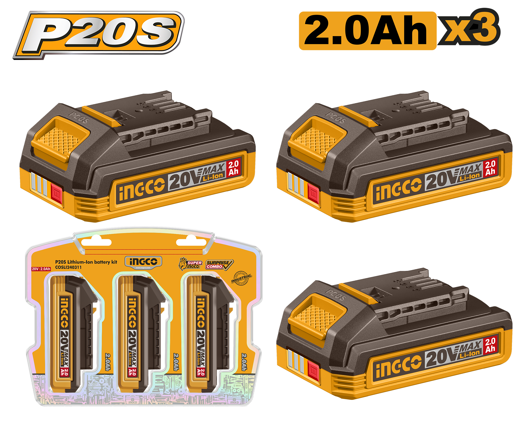 INGCO 3 Pcs Battery 20V 2Ah - P5C10 - COSLI240311