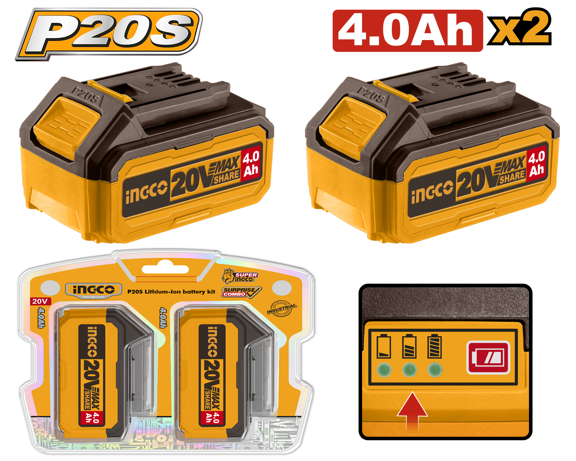 INGCO 2 x Battery Kit 20V 4Ah - COSLI240312 Main image