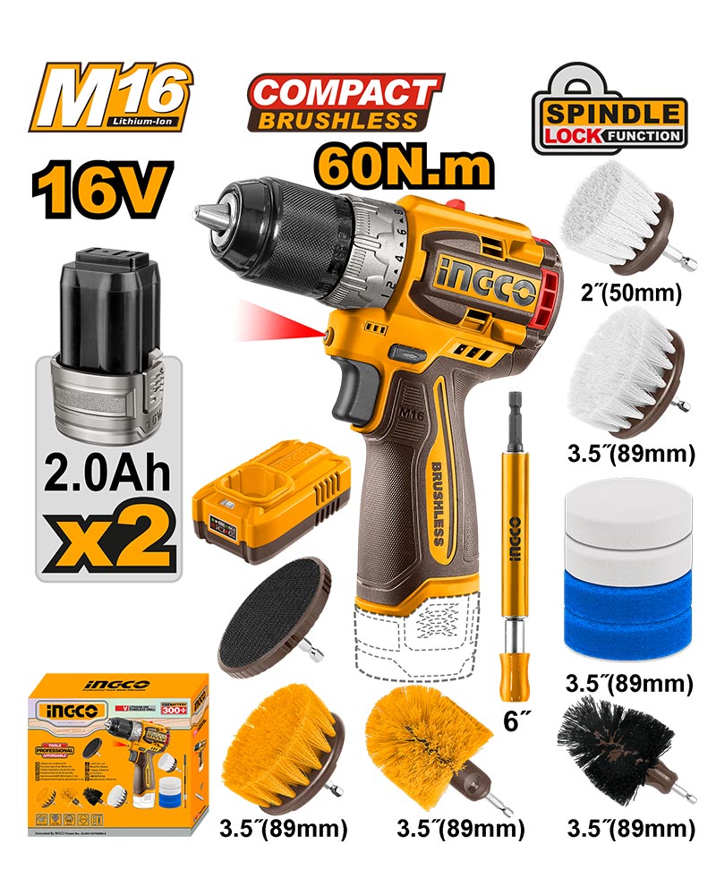 INGCO Cordless Drill 16V 60Nm + 2 Battery + 11 Pcs Cleaning Brush - P1C4 - COSLI240786