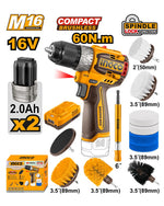INGCO Cordless Drill 16V 60Nm + 2 Battery + 11 Pcs Cleaning Brush - P1C4 - COSLI240786