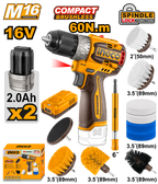 INGCO Cordless Drill 16V 60Nm + 2 Battery + 11 Pcs Cleaning Brush - P1C4 - COSLI240786