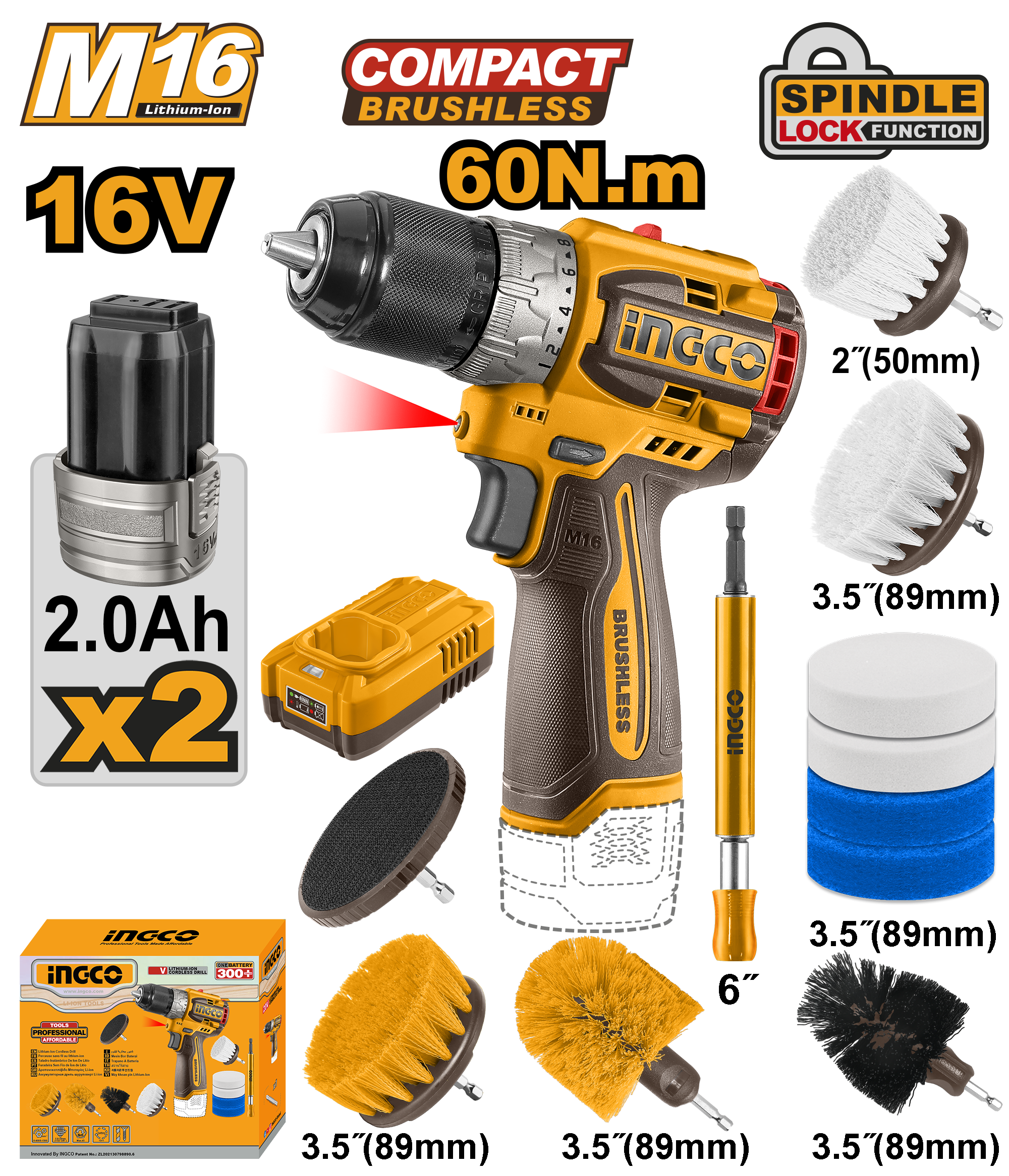 INGCO Cordless Drill 16V 60Nm + 2 Battery + 11 Pcs Cleaning Brush - P1C4 - COSLI240786