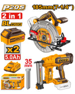 INGCO Cordless 20V Circular Saw 7.25" + Brad Nailer 35mm + 2 Batteries - P1C2 - COSLI240866