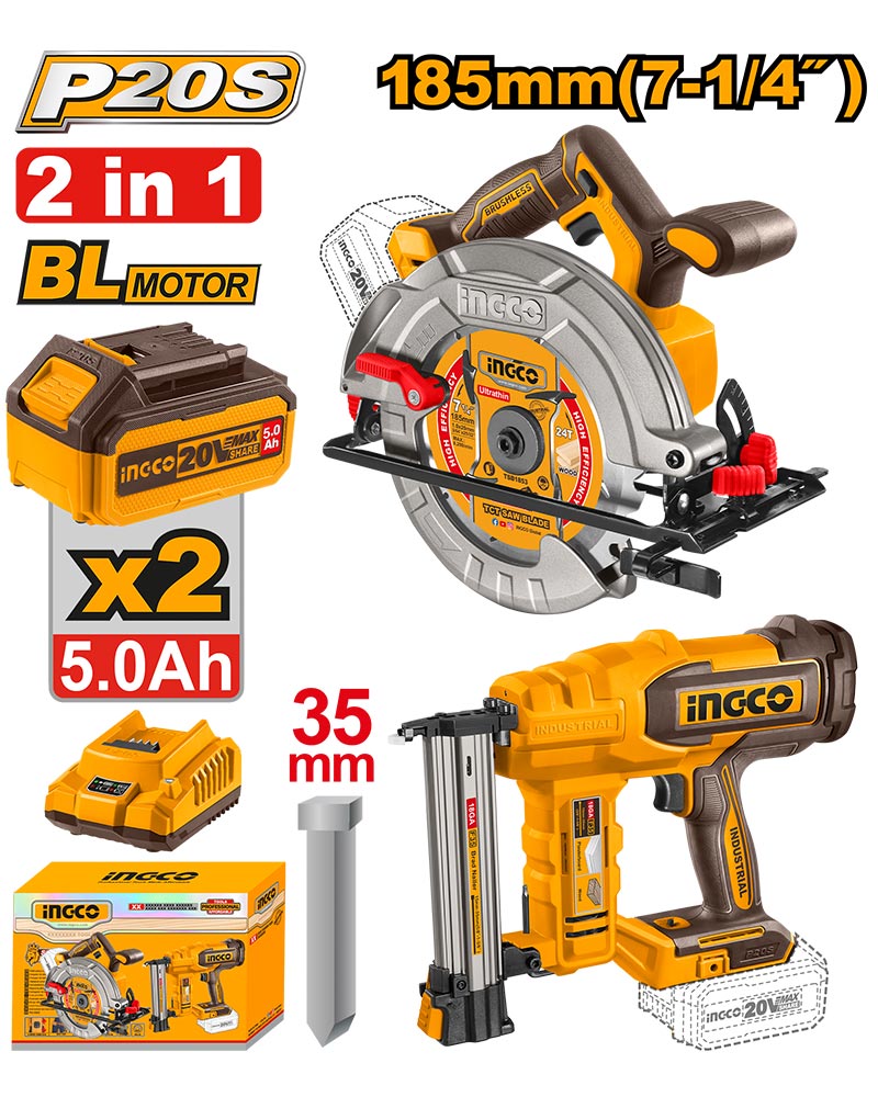 INGCO Cordless 20V Circular Saw 7.25" + Brad Nailer 35mm + 2 Batteries - P1C2 - COSLI240866