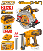 INGCO Cordless 20V Circular Saw 7.25" + Brad Nailer 35mm + 2 Batteries - P1C2 - COSLI240866
