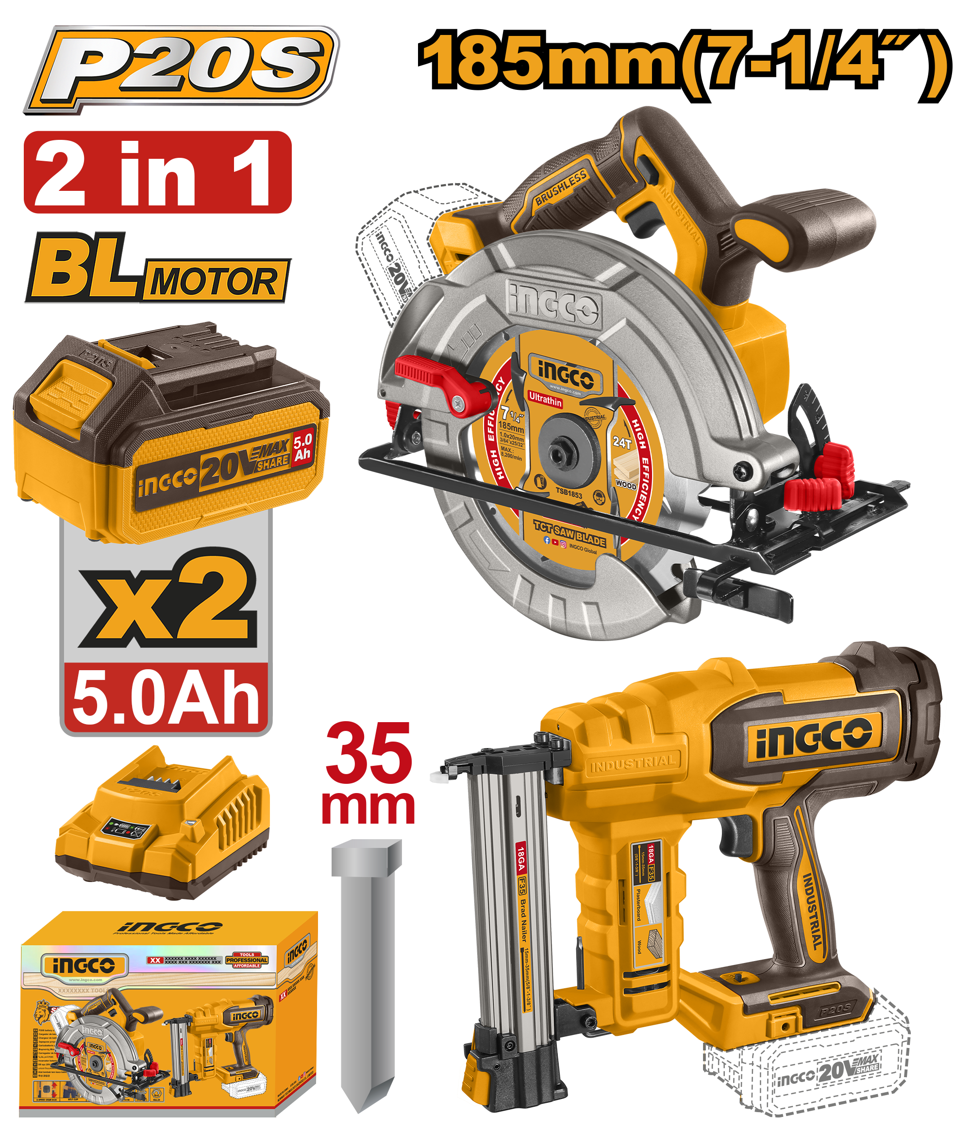 INGCO Cordless 20V Circular Saw 7.25" + Brad Nailer 35mm + 2 Batteries - P1C2 - COSLI240866