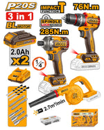 INGCO Cordless 20V Impact Drill 76Nm + Impact Driver 285Nm + Blower + 2 Batteries - COSLI250182