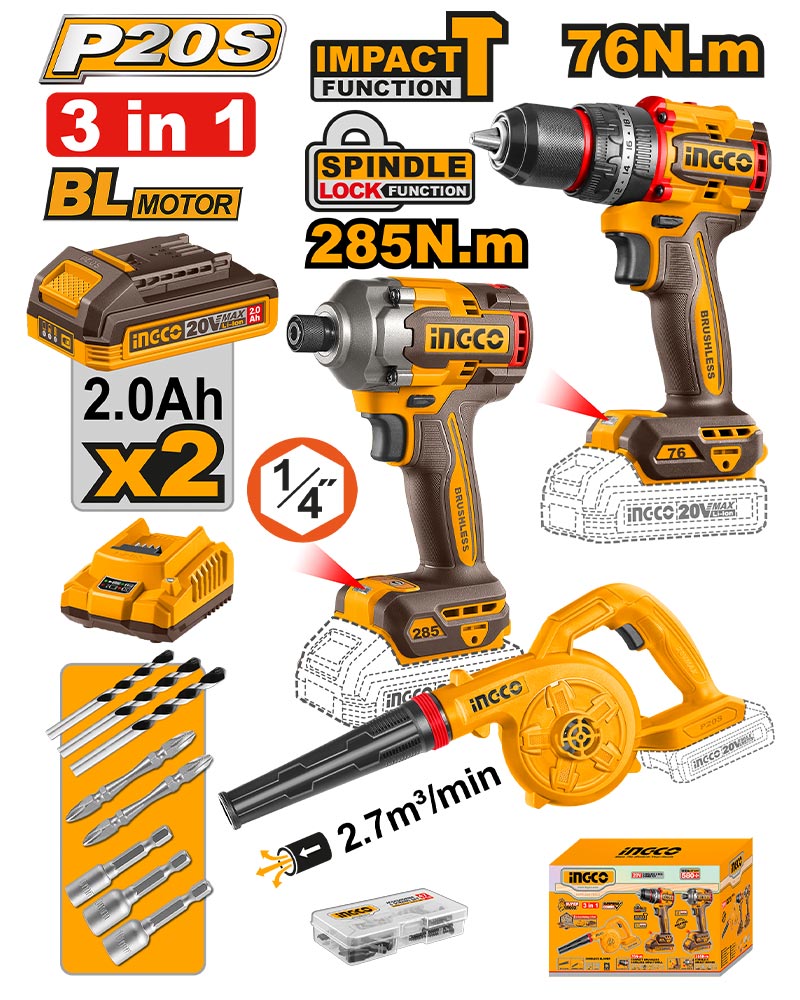 INGCO Cordless 20V Impact Drill 76Nm + Impact Driver 285Nm + Blower + 2 Batteries - COSLI250182