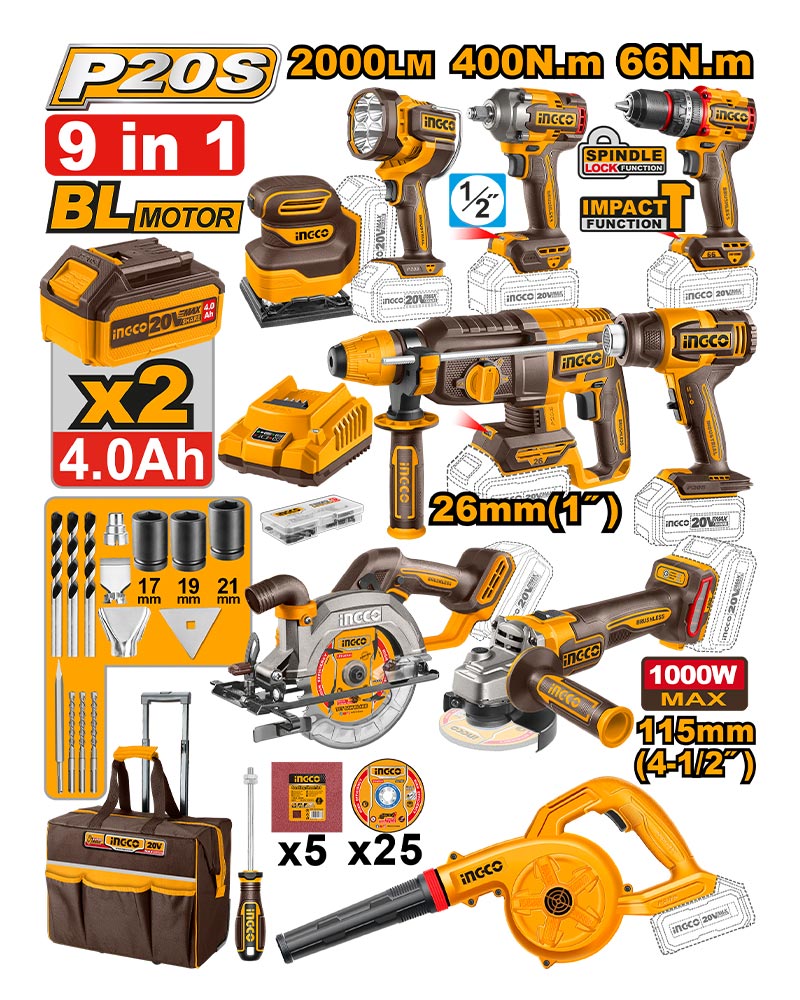 INGCO 9 Pcs Cordless Industrial Combo Kit 20V - COSLI250381